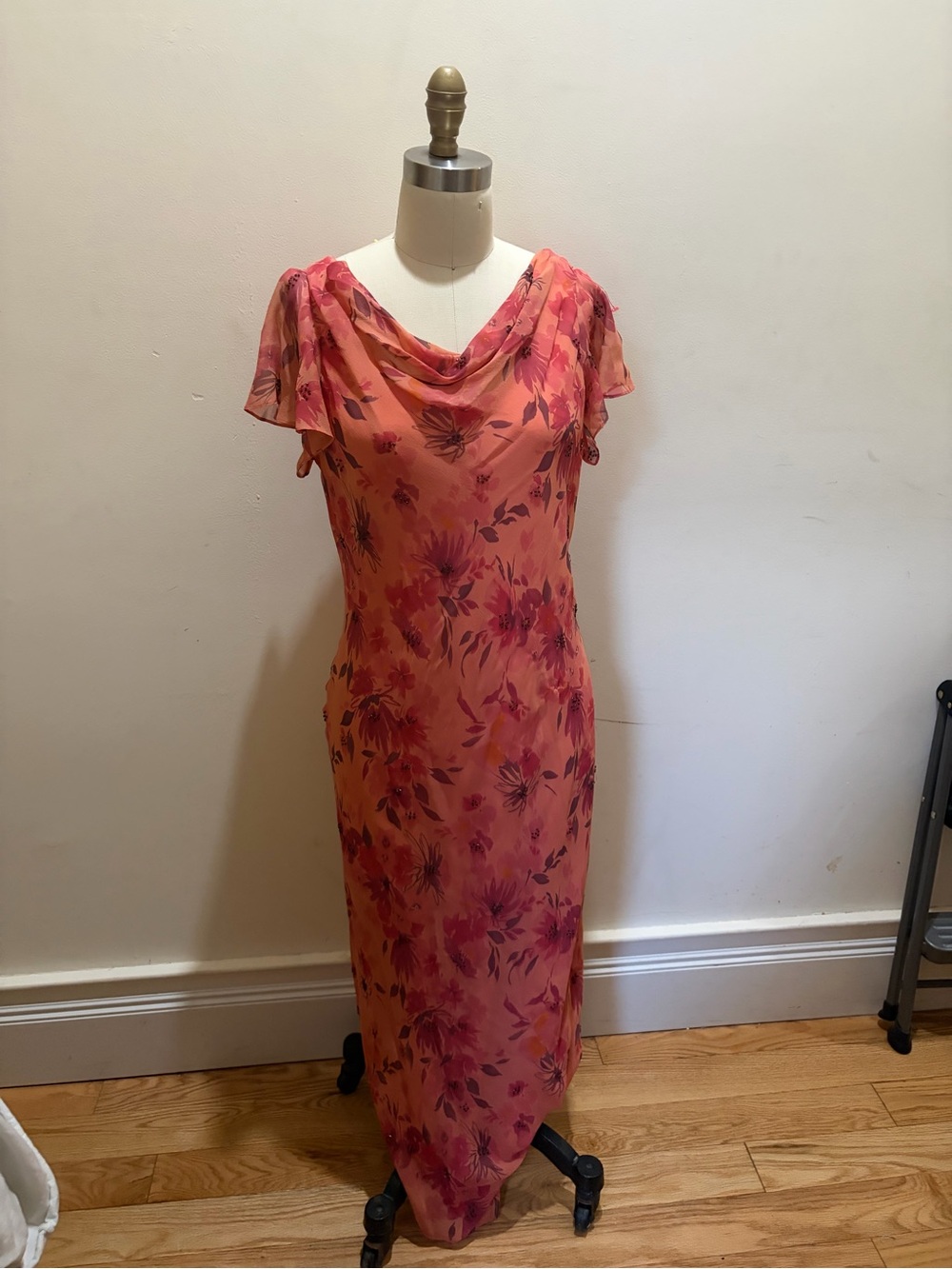 Coldwater Creek Coral Floral Cowl-Neck Maxi Dress